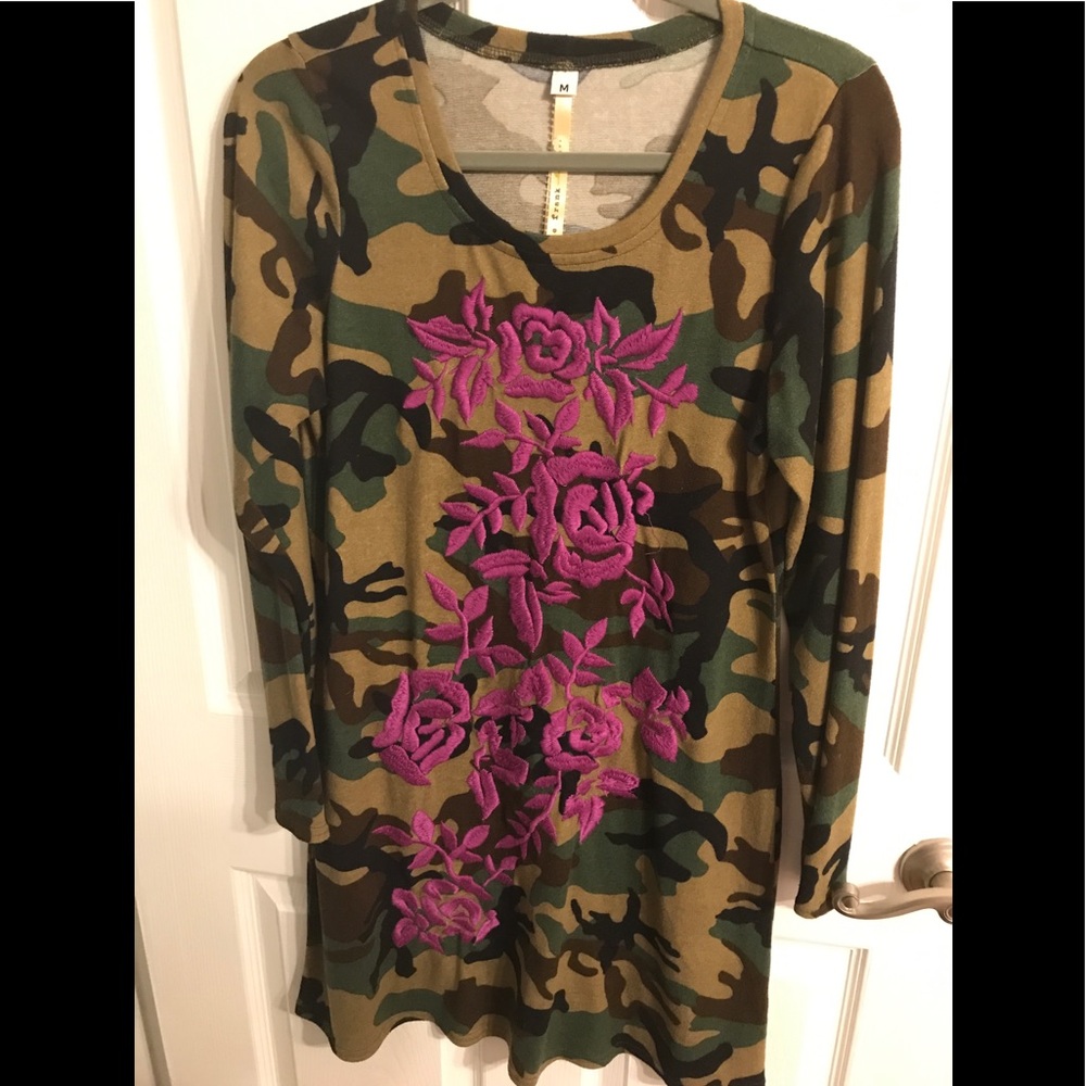 Camo dress with purple floral embroidery